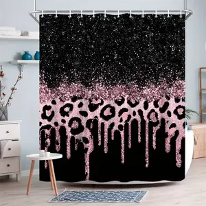 1pc Glitter Leopard Print Shower Curtain - Sparkling Pink & White Gradient with Black Leopard Spots & Starry Sky Design, Modern Glam Bathroom Decor, 70.86x70.86 Inch, 12 Hooks Included, Machine Washable Polyester, Durable Fabric, Bathroom Shower Curtain