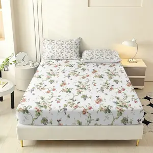 Three-Piece Floral Fitted Sheet Set, High-Definition Printed Sheets, Includes 1 Fitted & 2 Pillowcases, Ideal for Bedrooms & Guest Rooms