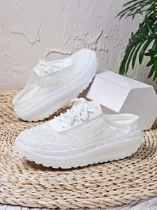Women's Lace Mesh Backless Platform Wedge Shoes, Breathable Slip-On Mule Sneakers, All-Match Casual Footwear