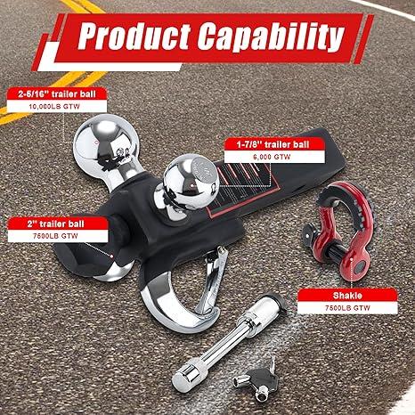 TYT Tri Ball Trailer Hitch Mount 2" Receiver - 3-in-1 Towing System w/ 2-5/16" 2" 1-7/8" Hitch Balls, Locking Security Pin, Tow Hook & Clevis Shackle - Heavy Duty for Trucks, RV, Boat Trailers (Father's Day Gift)