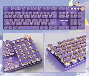 Purple Aesthetic Typewriter Mechanical Gaming Keyboard, 104 Keys Round Keycaps LED White Backlit, Key-wire separation design