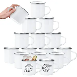 16 Pack Sublimation Blanks Enamel Mug Camping Outdoor Coffee Travel Metal Mug with  Rim for Heat Transfer DIY  White 12oz