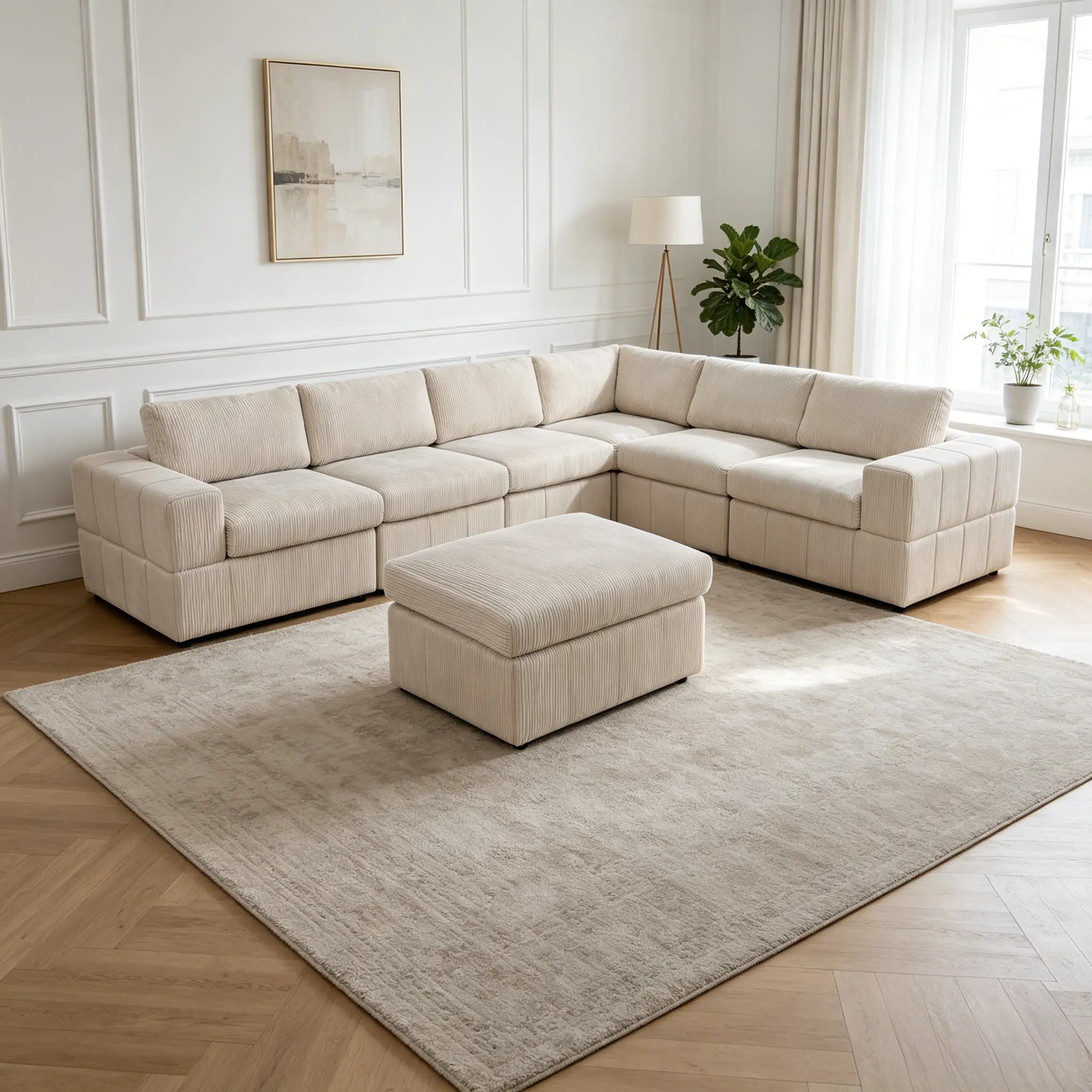 Beige Corduroy 7-Piece Living Room Sofa Set, featuring soft corduroy fabric with distinct texture. The complete 7-piece set offers ample seating space, sturdy structure and cozy cushions, a wonderful pick for large living areas and family gatherings.