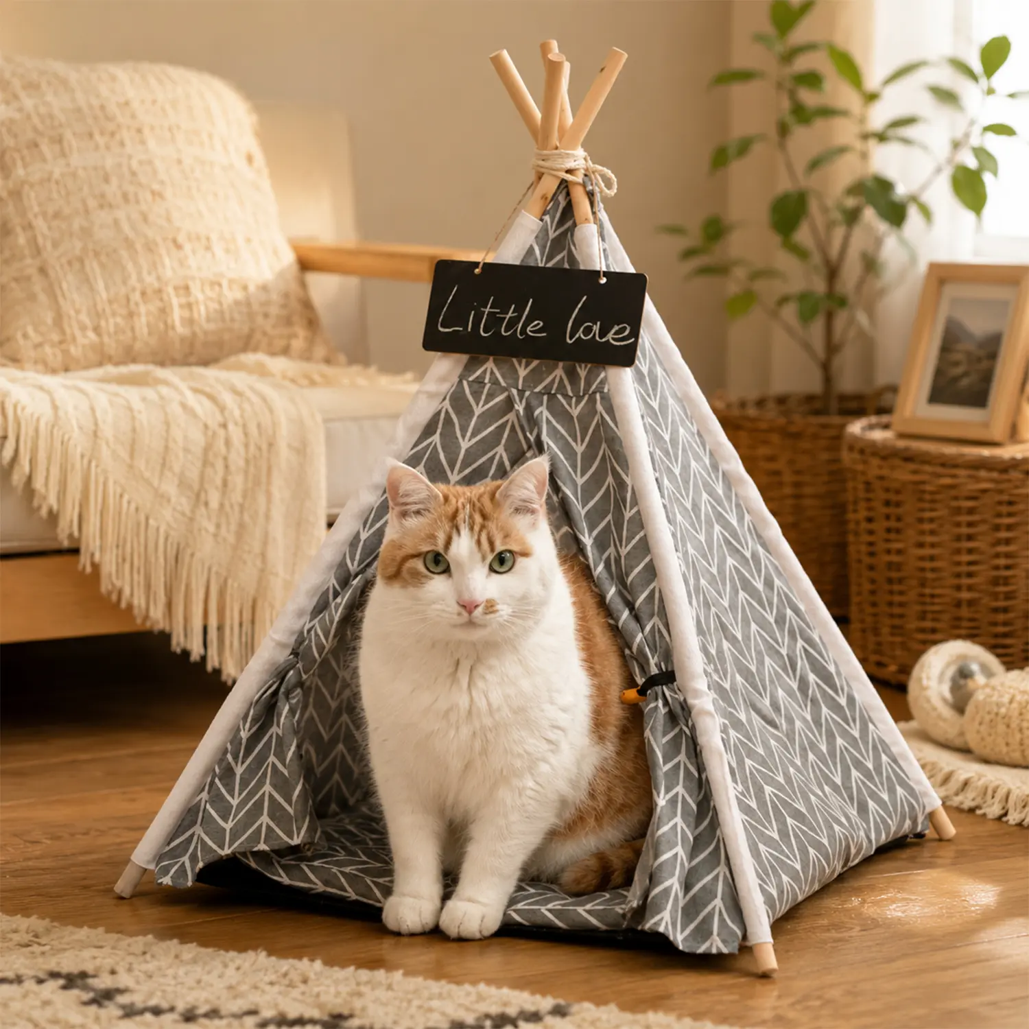 Cozy Cat Teepee Tent with Soft Cushion, A Peaceful Place to Unwind for Cats & Small Dogs, Wooden Frame Pet Hideaway, Breathable Fabric Cat House, Foldable Indoor Pet Bed with Washable Cushion