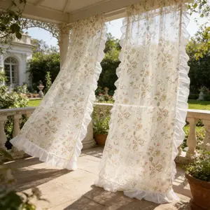 2 Panels Camellia Flower Ruffled Sheer Curtain, Top Rod Hanging, Smooth Texture, French Romantic Style, Suitable for Living Room, Balcony, Bedroom