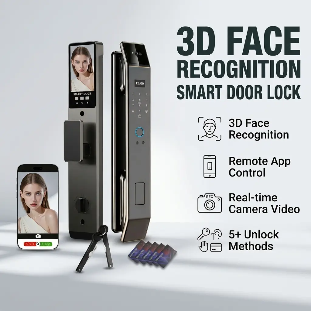35-100mm Aluminum Alloy 3D Face Recognition Remote Control Smart Door Lock - Front Door Entry Hardware with Camera, Intercom, Doorbell, Fingerprint Keyless Entry, Password, IC Cards, Tuya App, Night Vision, Remote Control Smart Door Locks