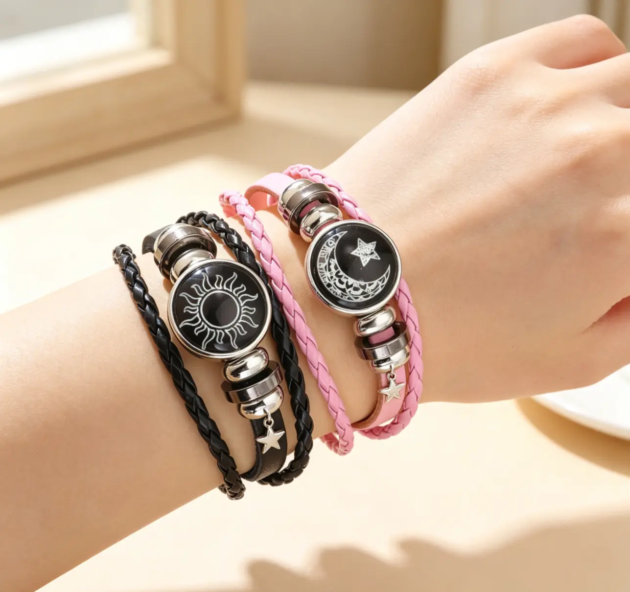 Couples Braided Leather Alloy Bracelet Set, Punk Style with Night Glow Sun-Moon Charms, Adjustable Unisex Fashion Jewelry for Casual Wear, Cancer Zodiac-Libra Compatible