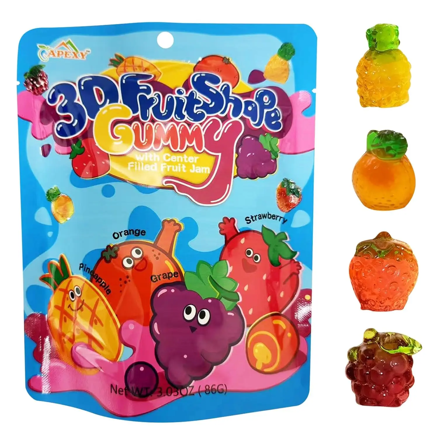 Apexy 3D Fruit Gummy Candy With Center Filled Flavor Jam, Assorted Flavors, Snacks, Great For Party or Cupcake Toppers, 3.03oz (Pack of 3)