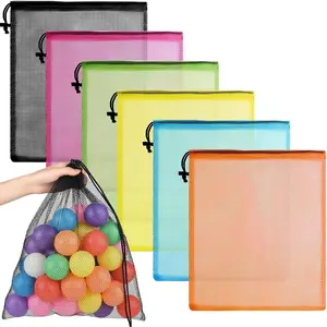 6 Pcs Mesh Bag Drawstring Mesh Laundry Bags, 18 x 12 Inch Nylon Drawstring Bag for Pool Beach Ball Toys Storage Bag for Collecting Travel Sports Gym (Multicolor) Black