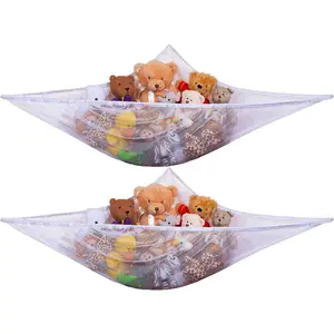Stuffed Animal Organizer Hammock, 2-Pack Mesh Toy Storage Net for Kids, Expands to 5.5 Feet, Corner Hanging Holder for Plushies & Children's Toys, Easy Install, White