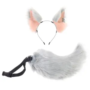 Handmade Animal Ear and Tail Set, Silver Moon Ears Hairband, Plush Wolf Headpiece, Silver Fox Performance Props, Cosplay Accessories