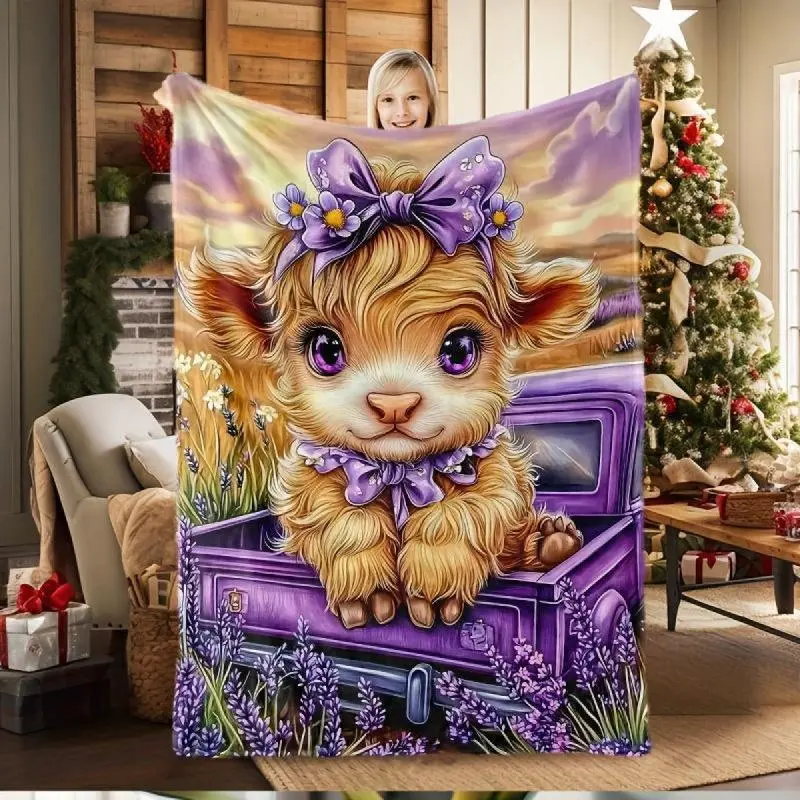 1pc Purple Highland Cow Polyester Flannel Throw Blanket - Soft, Stain-Resistant, Multifunctional Cow Print with Animal Artwork, Multi-Size All-Seasons General Use for Adults Bed & Sofa