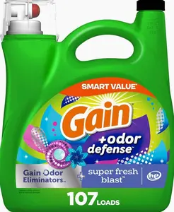 Gain + Odor Defense Liquid Laundry Detergent, Super Fresh Blast Scent, 107 Loads, HE Compatible Washing Soap (Packaging May Vary)