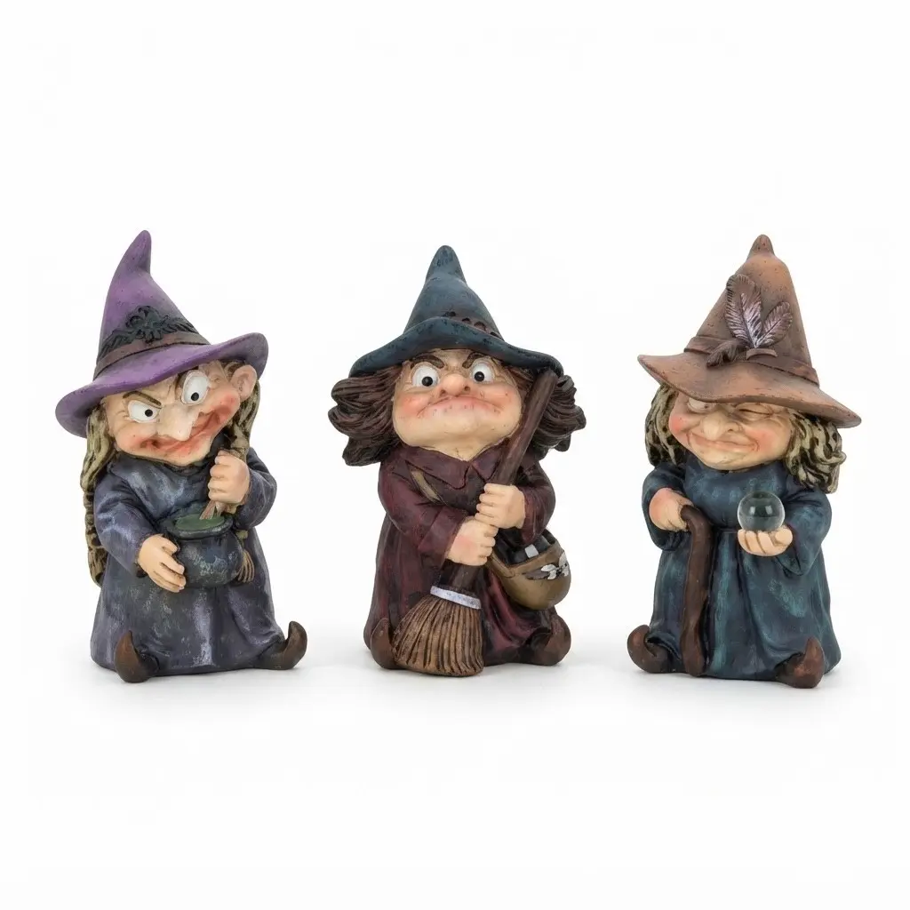Hand-Painted Resin Weatherproof Gnome Figurine - Outdoor Gothic Decor Statue (Pot-Stirring Witch, Broom-Holding Hag, or Crystal Ball Seer) - Halloween Garden Supply - Funny Sculpture for Halloween Fans - Sold Individually
