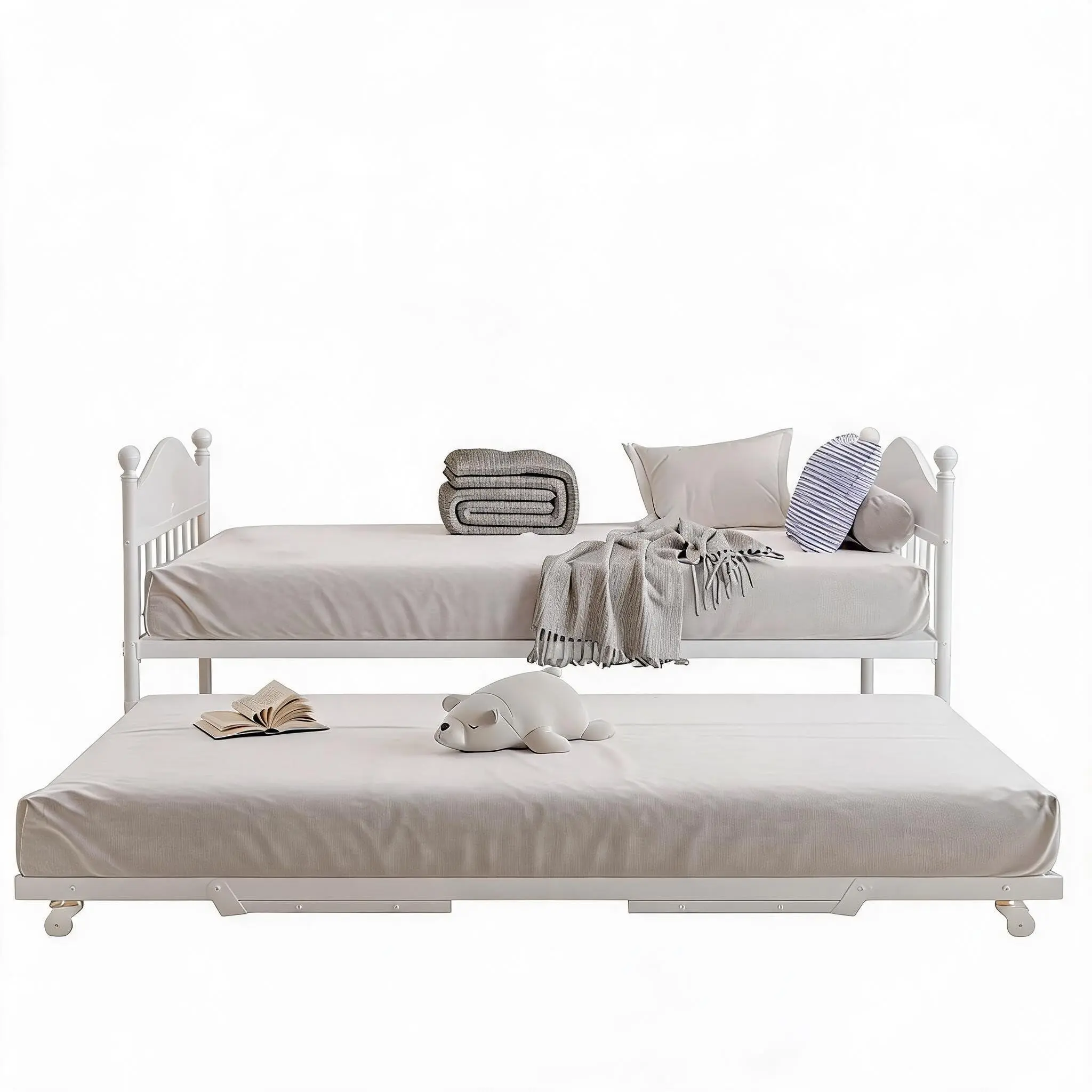 White Metal Frame Twin Daybed with Foldable Trundle, Stylish Headboard Sofa Bed for Bedroom, Guest Room