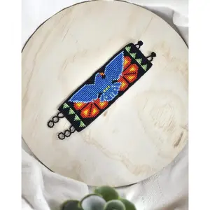 Rising Glory - Symbolic Beaded Bracelet with Blue Dove & Red Dahlias - Handmade by Mexican Artisans - Mother Sierra