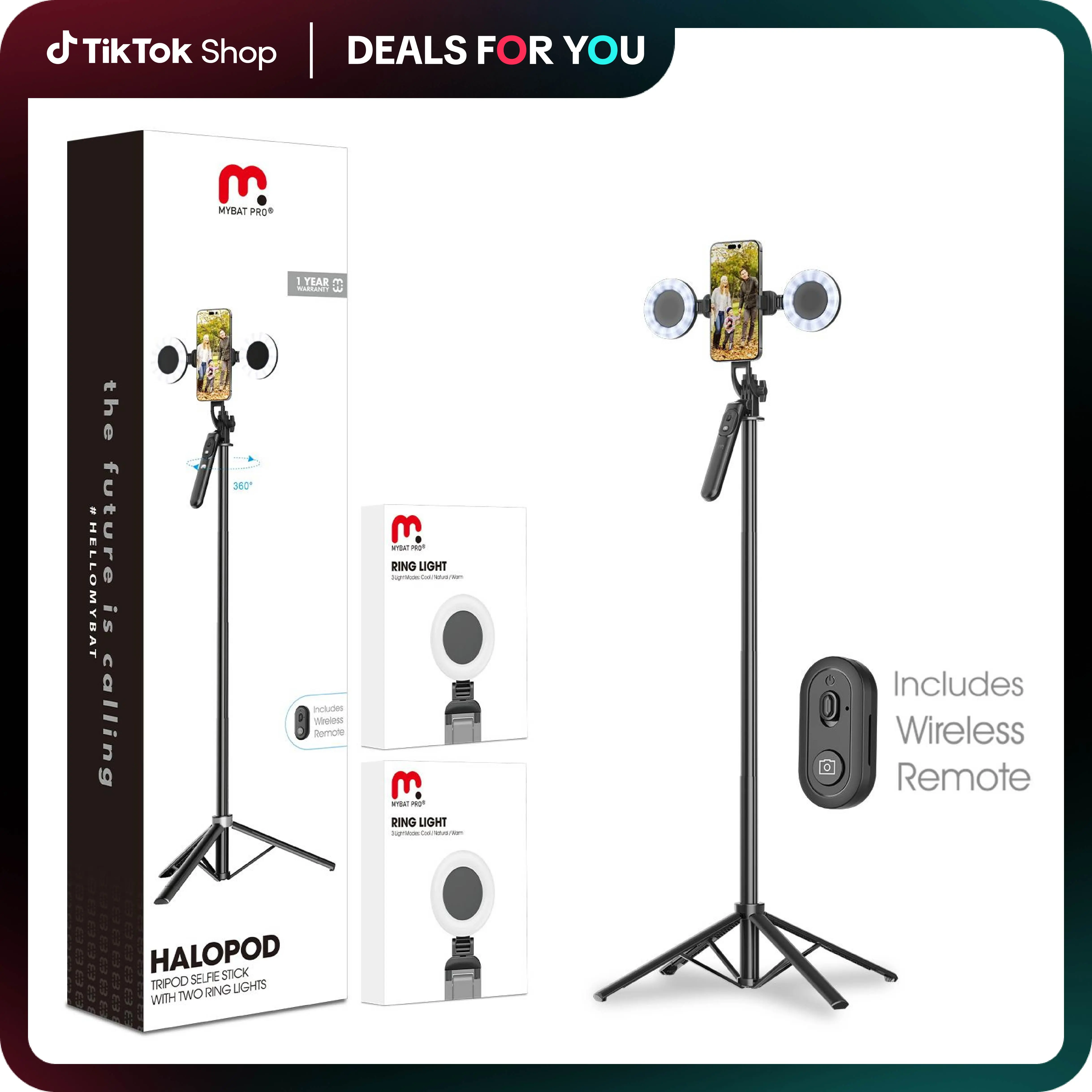 MyBat Pro Dimmable Spotlight Tripod Stand with Balance Grip, Bluetooth Wireless Remote, Extendable Auto-Tracking Phone Clip, Portable Mobile Phone Selfie Accessory