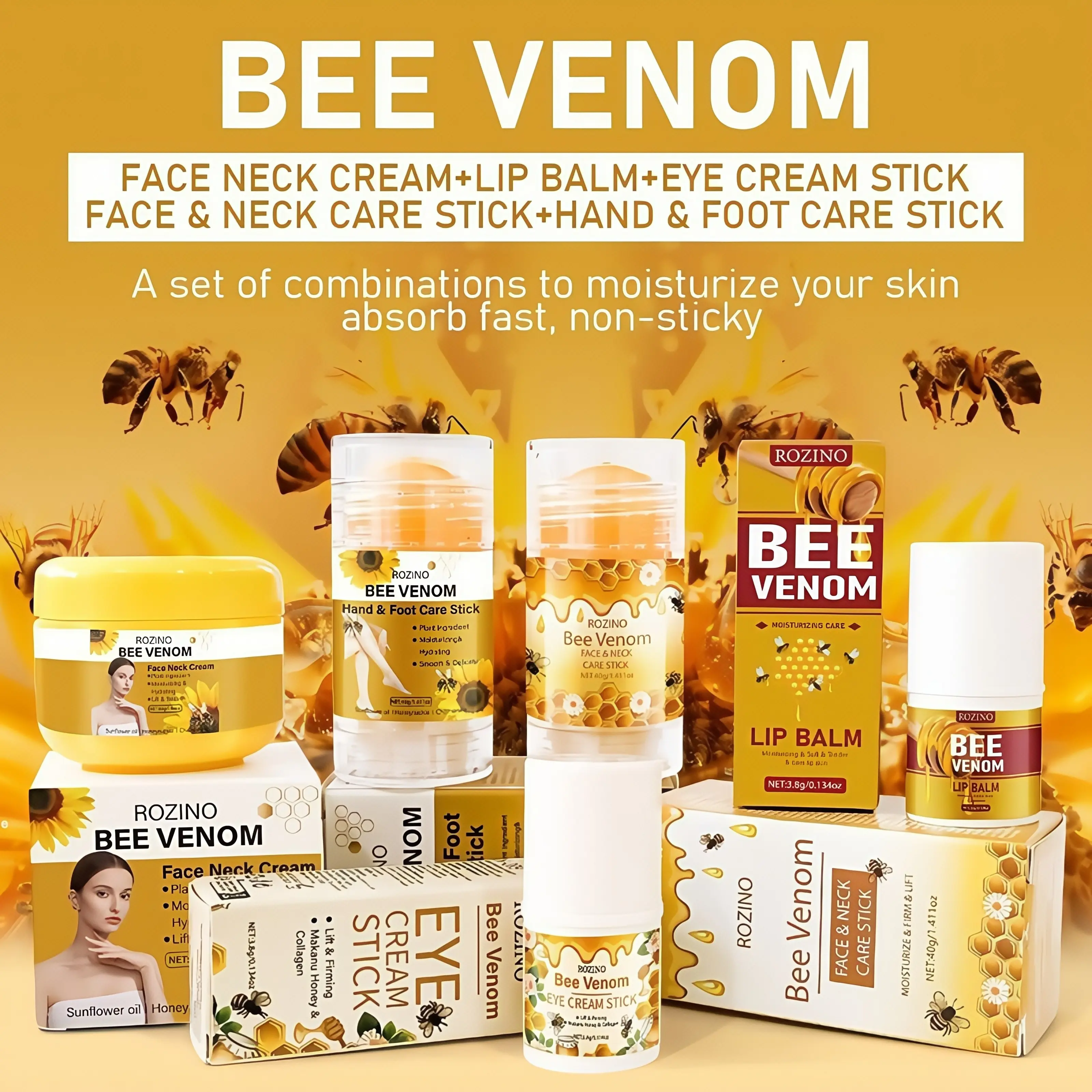 Women's ROZINO Bee Venom 5-Piece Multi-Pack Skin Care Gift Set, Firming/Lifting Anti-Aging Balm Sticks & Moisturizer to Hydrate, Repair & Nourish Face, Neck & Eyes for All Skin Types