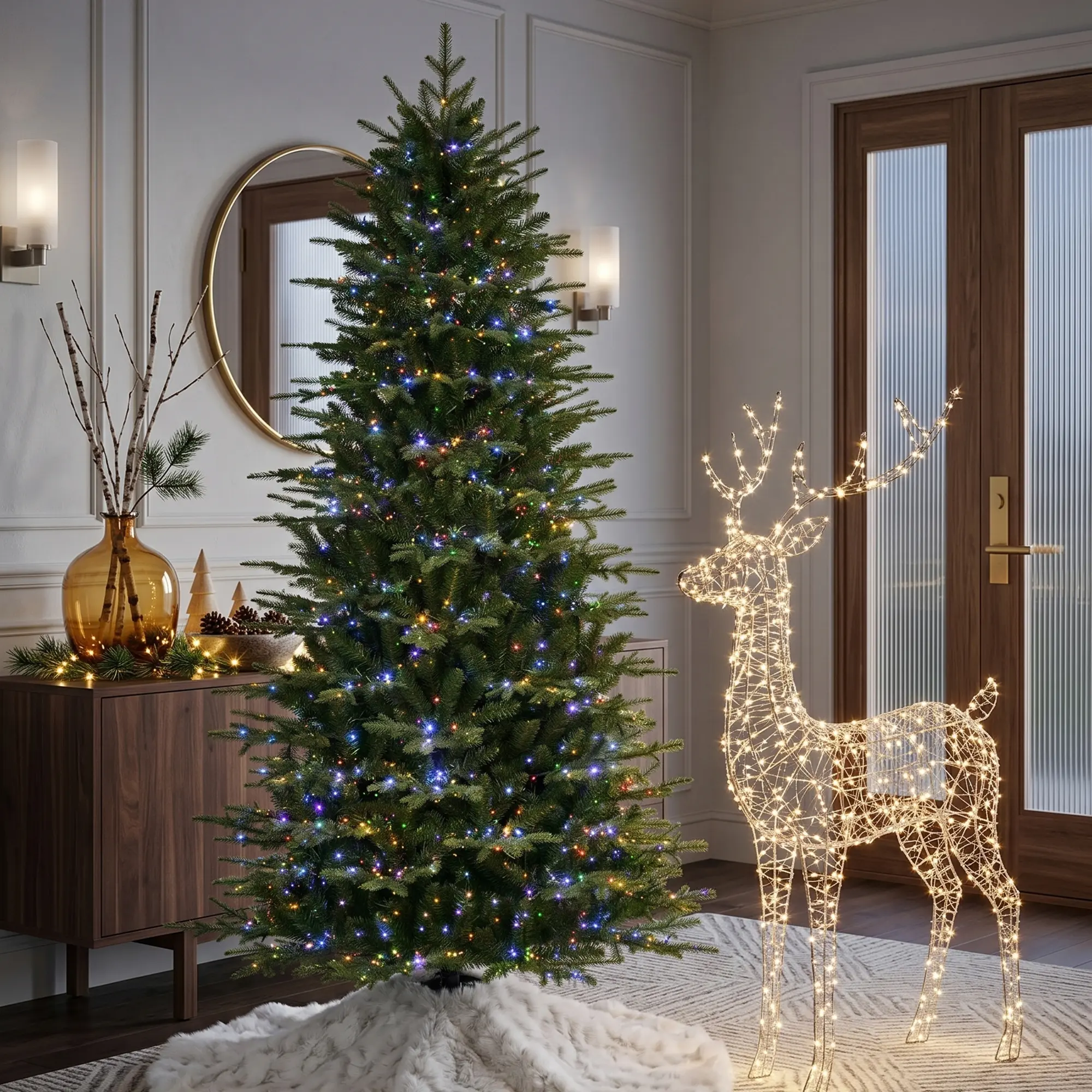 Glitzhome Pre-Lit Green Full Fir Memory Wire Artificial Christmas Tree (7.5ft/9ft) with Metal Frame, Non-Toxic Material, Full Fir Tips, Micro Lights, 10 Functions, Remote Control, Timer, Foot Pedal, Eye-Friendly Glow, Extra White Gloves