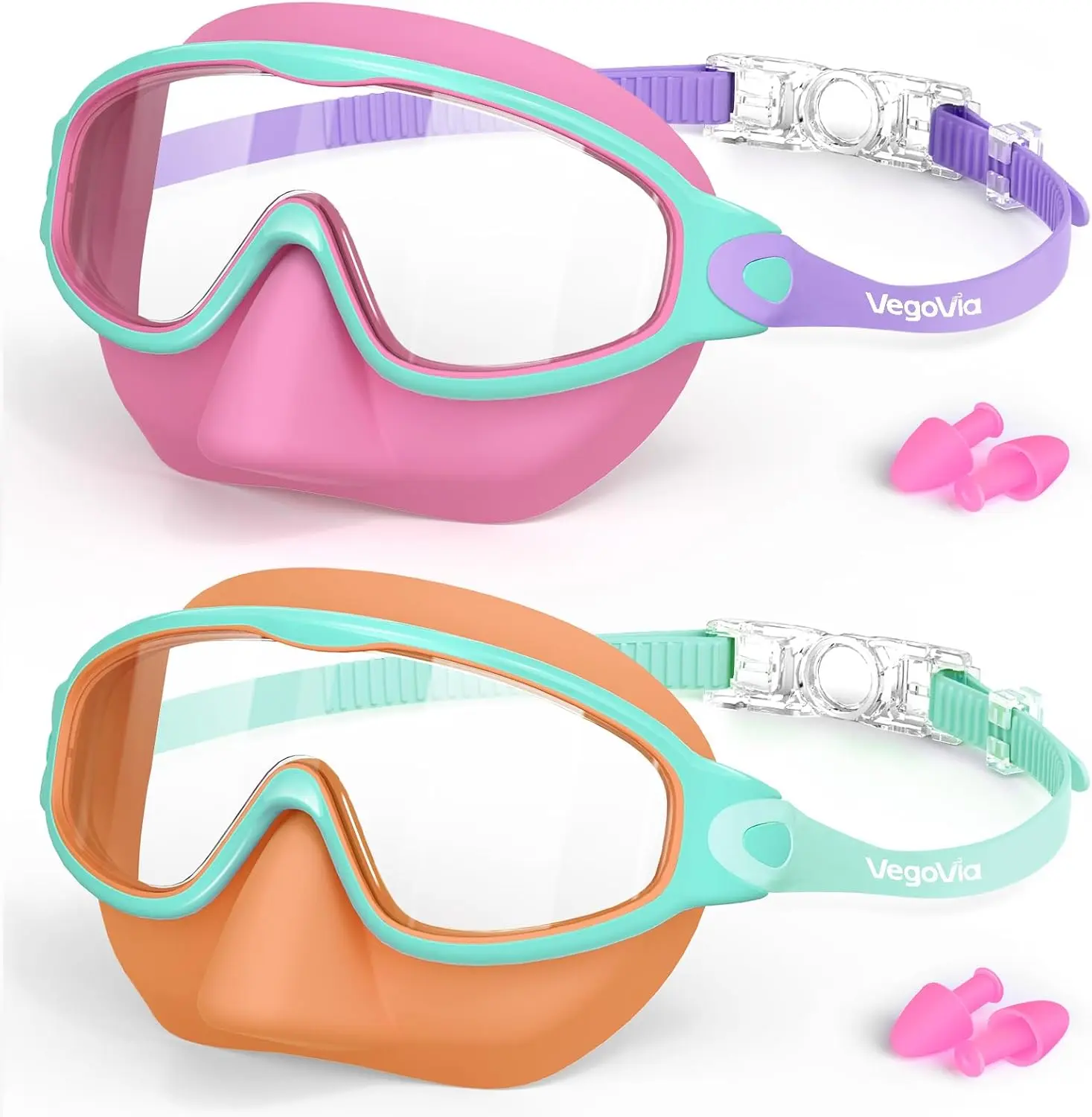 2 Pack Kids Pool Goggles with Nose Cover, Soft Silicone Anti-Fog UV Protection Lenses, Adjustable for Youth Swimmers Ages 3-12, Adjustable Swimming Goggles, Polycarbonate, Adjustable Fit