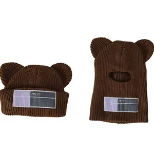 Cute, windproof face masks; warm hooded hats for autumn and winter; knitted woolen hats for men and women, with bear-ear designs.