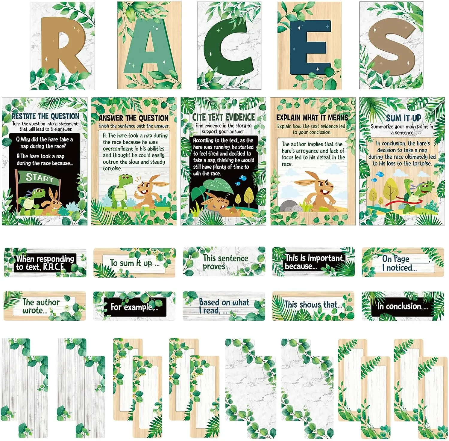Outus 36 Pcs RACES Writing Strategy Bulletin Board Set, Alphabet Cutout Poster Sentence Starters Cards for Elementary School Classroom, Writing Display Wall Decoration Teacher Supply(Greenery)