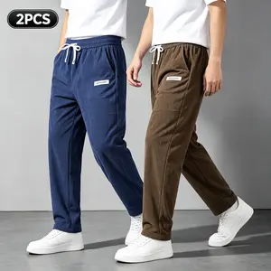 Men's 2-Piece Corduroy Set, Elastic Drawstring Straight-Leg Casual Unlined Long Pants with Side Pockets, Loose Fit for Everyday Wear & Street Style, Men's Work Pants
