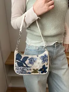 2026 New Colorful Embroidery Sequin Straw Underarm Bag, French Vacation Style Chain Shoulder Purse, Baguette Shoulder Bag, Casual Elegant Mini Handbag for Women