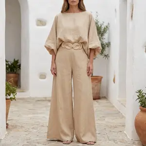 BIGWIG Women's Skew Neck Lantern Sleeve Top & Wide Leg Pants Set & Wedding Gust