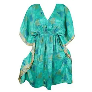 Women's Stylish Sea Green Kaftan Recycle Silk Tunic Kaftan, dress One size