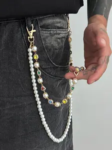Men's Fashion Multi-Layer Colorful Rhinestone Chain Faux Pearl Waist Belt, Casual Body Chain Accessory for Pants Decoration, Rhinestone Decorated Belt