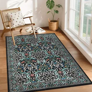 GARVEE 4x6 Washable Area Rug for Living Room, Floral Large Entryway Kitchen Rug Non Slip, Ultra Soft Stain Resistance Carpet for Bedroom Laundry Room, Black