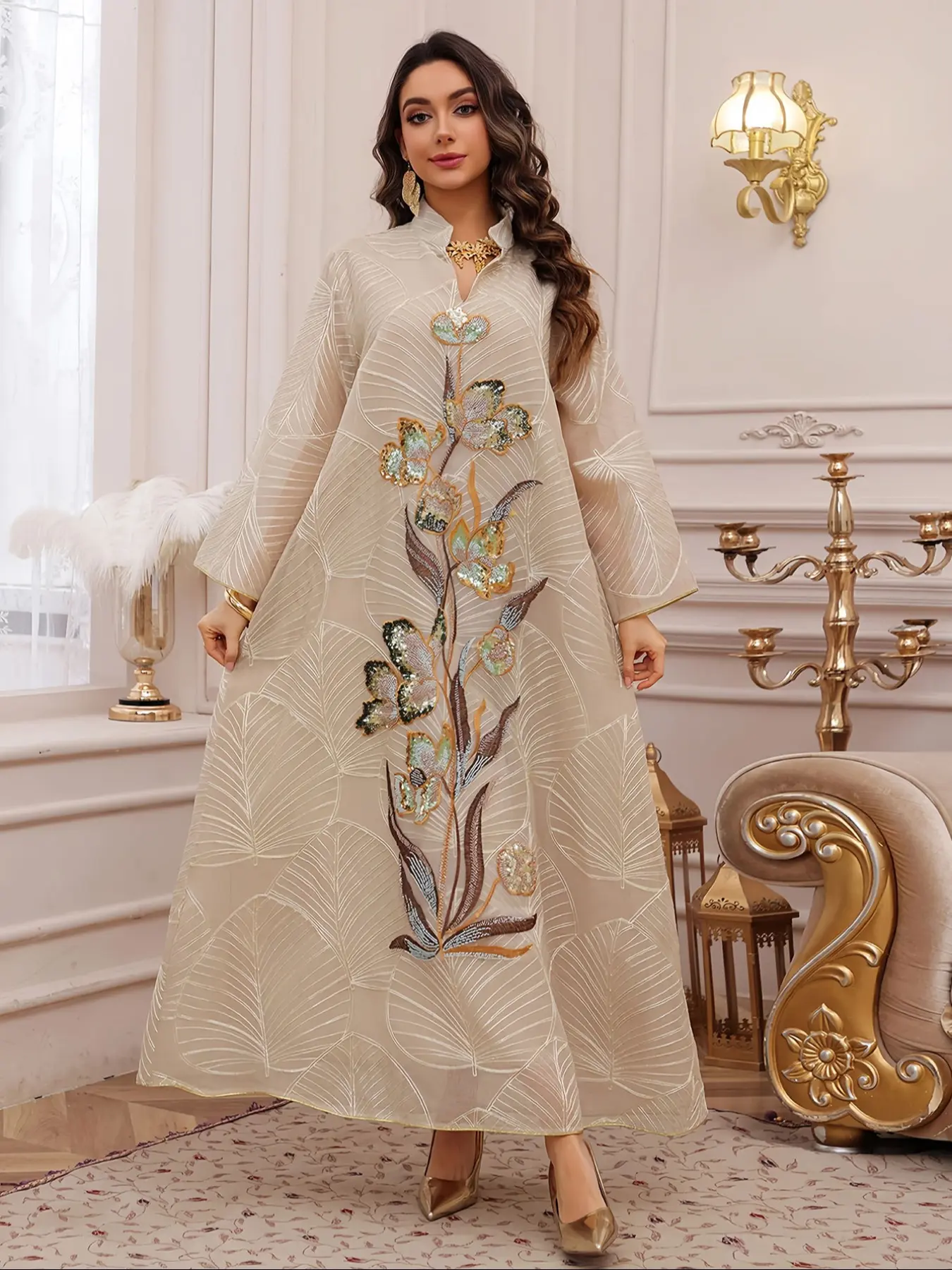 Women's Embroidered Sequins Abaya, Floral Embellished Abaya, Embroidery Abaya, Elegant Long Sleeve Open Front Abaya for Party Wedding Guest, Ladies Islamic Clothing for All Seasons, Islamic Abaya Dress, Muslim Abaya
