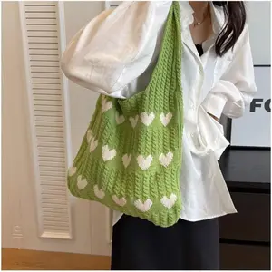 Heart Crochet Tote Bag Cute Valentines Day Gift for Women Adorable Purse with Keychain Cutecore Aesthetic Y2K Style Handbag Perfect Present
