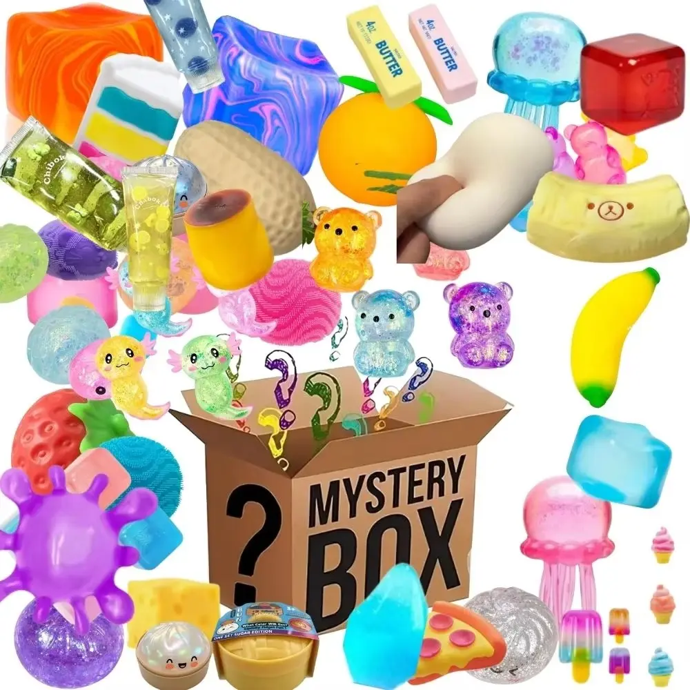 100+Pcs Surprise Box Toys Novelty Stress Relief Assorted Squishy Figures Blind Box Fun Mystery Fidget Stress Relief Surprise