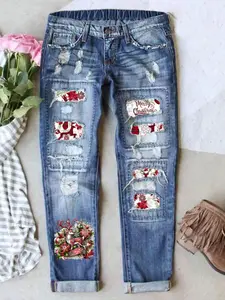 Women's Christmas Print Denim Jeans, Casual Style, Elastic Waistband, Long Regular Fit, Comfortable Breathable Fabric, Perfect for All Seasons
