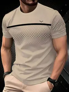 Men's Colorblock Striped Seagull Print Short Sleeve Gradient Casual Sports T-Shirt, Quick Dry Breathable Gym Wear, Perfect Gift