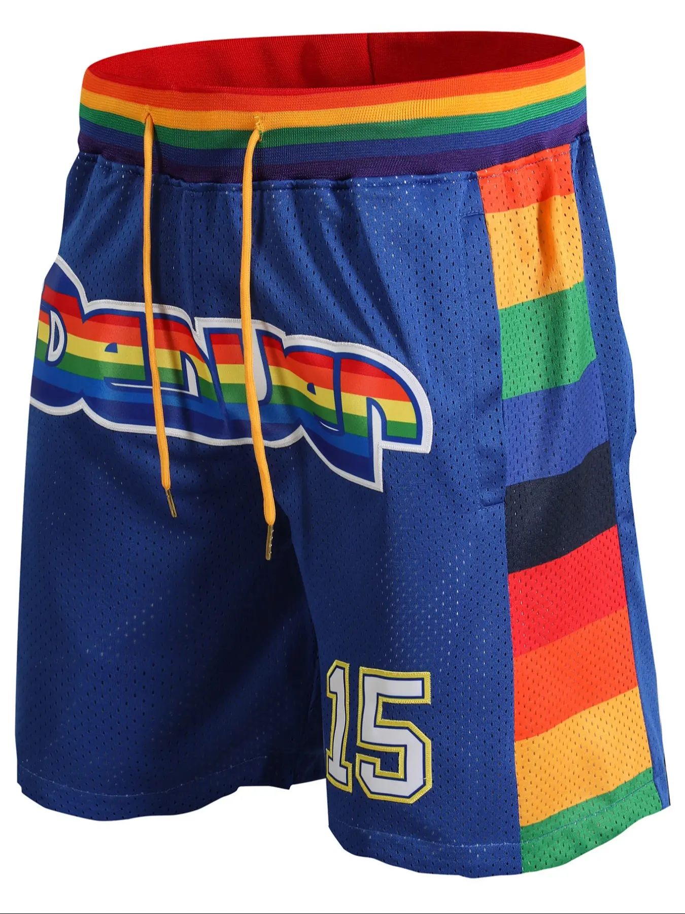 Men's 15 Blue Vintage Embroidered Zipper Basketball Shorts, Mesh Athletic Shorts, Athletic Wear Shorts, Athletic Workout Shorts, Fitted Casual Training Pants for Spring & Fall, Moderate Fabric Thickness