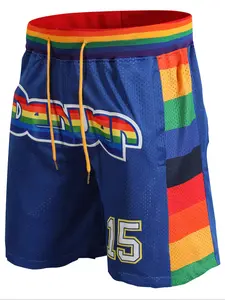 Men's 15 Blue Vintage Embroidered Zipper Basketball Shorts, Mesh Athletic Shorts, Fitted Casual Training Pants for Spring & Fall, Moderate Fabric Thickness