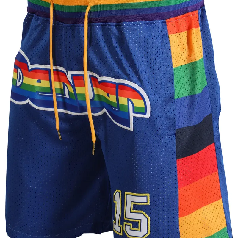 Men's 15 Blue Vintage Embroidered Zipper Basketball Shorts, Mesh Athletic Shorts, Athletic Wear Shorts, Athletic Workout Shorts, Fitted Casual Training Pants for Spring & Fall, Moderate Fabric Thickness