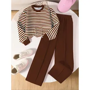 Toddler Girl's Striped Print Sweater & Elastic Waist Pants Set, Casual Long Sleeve Round Neck Top & Trousers 2 Piece Set for Fall, Kids Clothes for Daily Wear, Striped Sets
