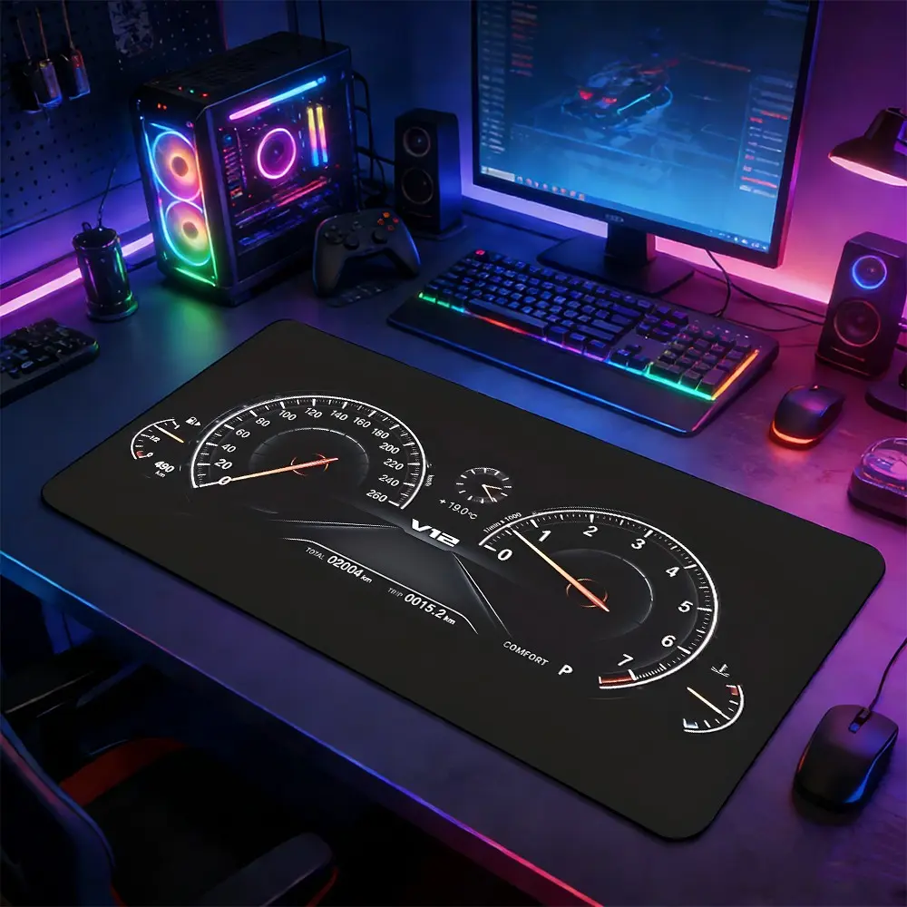V12 Car Speedometer Dashboard XXL Gaming Mouse Pad, Automotive Racing Desk Mat with Non-Slip Rubber Base, Stitched Lock Edge Washable Desktop Pad, Suitable for Gaming Setup Home Office, Ideal Gift for Gamers & Car Enthusiasts, Non Slip Mousepad