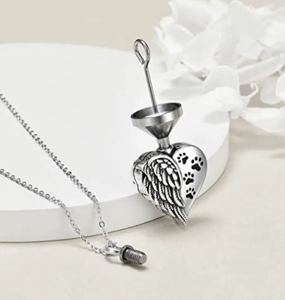 316L Stainless Steel Angel Wing Pet Cremation Ashes Urn Pendant Necklace