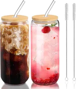 20 Oz Glass Cups with Lids and Straws 2 count,Glass Iced Coffee Cups,20 Oz Glass Tumbler with  Lid and Straw for Smoothie, , ,Soda(2 Clean Brush)