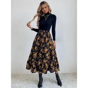 Women’s printed elastic-waist midi skirt, elegant high-waisted design, suitable for everyday wear and vacation parties; women’s spring and autumn apparel GARMENTARY