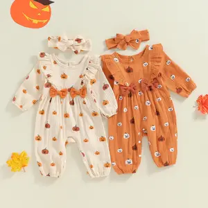 Newborn Baby Girl Halloween Outfit Cotton Linen Pumpkin Jumpsuit Romper Ruffle Long Sleeve Bodysuit Cute Overalls with Bow