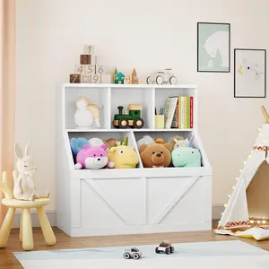 Antique White Kids Toy Storage Organizer with 6 Cubby Shelves, Rectangular Shape Bookshelf, Durable Safe Floor-Mount Storage with Boxes, Six Cubby Shelves