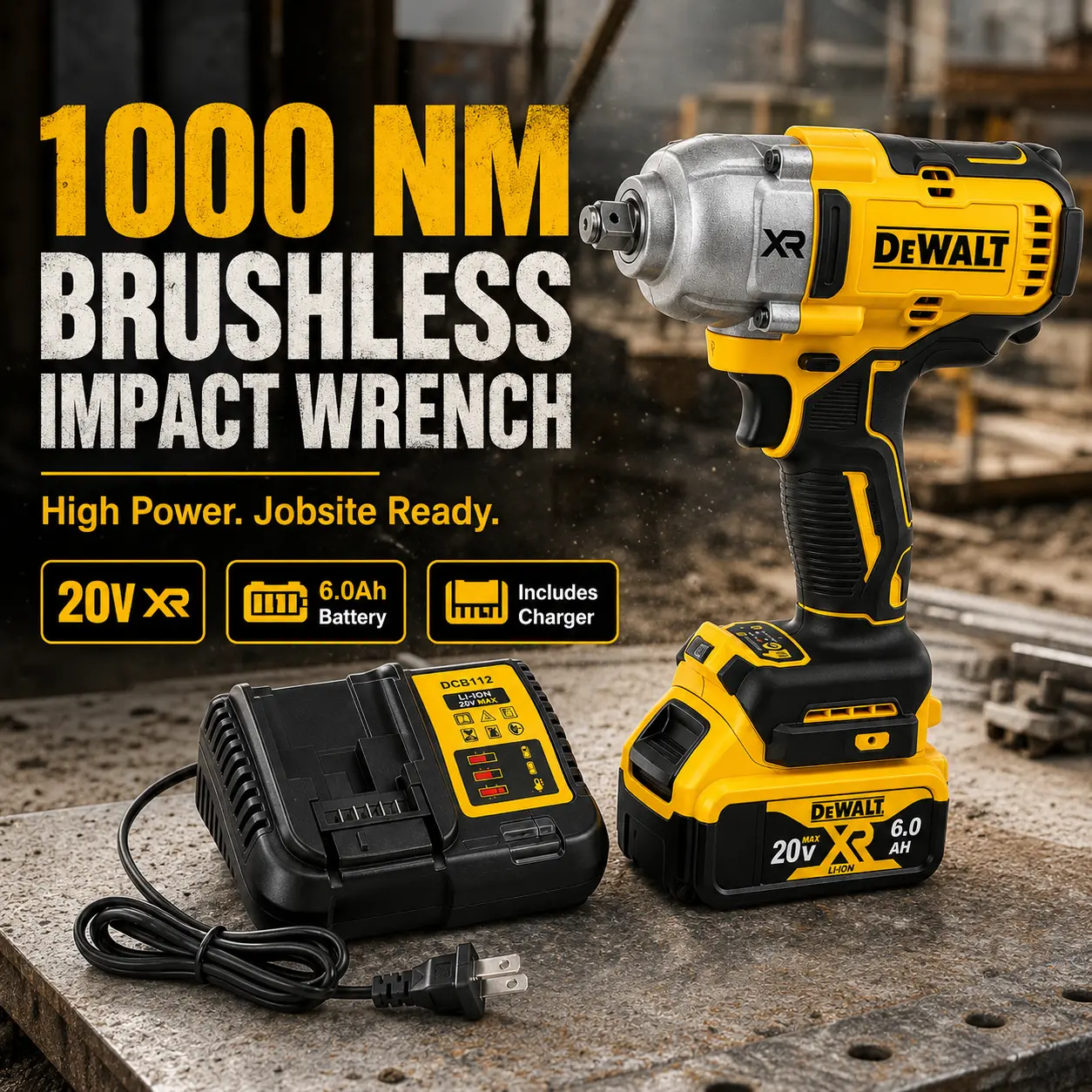 DEWALT 20V Brushless Cordless Impact Wrench - 1/2" Hog Ring Anvil, High Torque Hand Tool with 1/2 Universal Battery for Construction and Maintenance, Hardware Projects