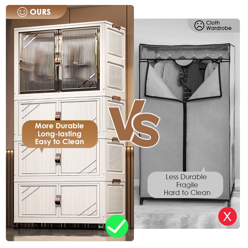 Portable Closet Wardrobe, Folding Storage Bins with Lid, Closet Organizers and Storage, Stackable Storage Box with Hanging Rod and Doors, Collapsible Plastic Clothes Cabinet with Wheels