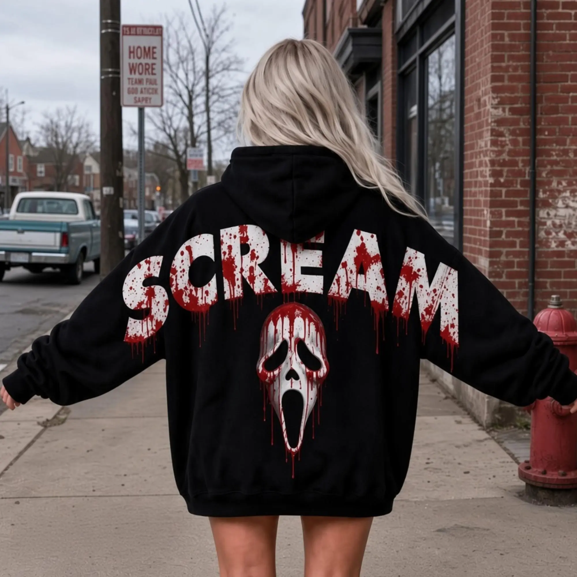 Scream Ghostface Shoulder to Shoulder Hoodie Funny Horror Movie Graphic Sweatshirt Spooky Season Back Print Apparel Scary Film Fan T-Shirt Edgy Streetwear Heavy Metal Style Crewneck Sweatshirt Cozy Pullover Hoodie Gift